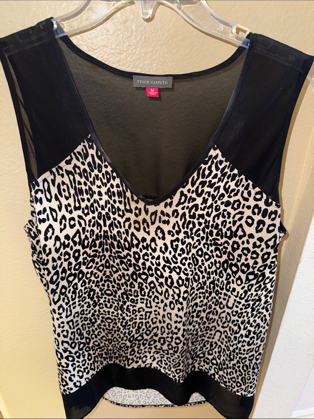 Vince Camuto Black/Cream Leopard-Print Sleeveless VNeck Top Sheer Shoulder & Hem